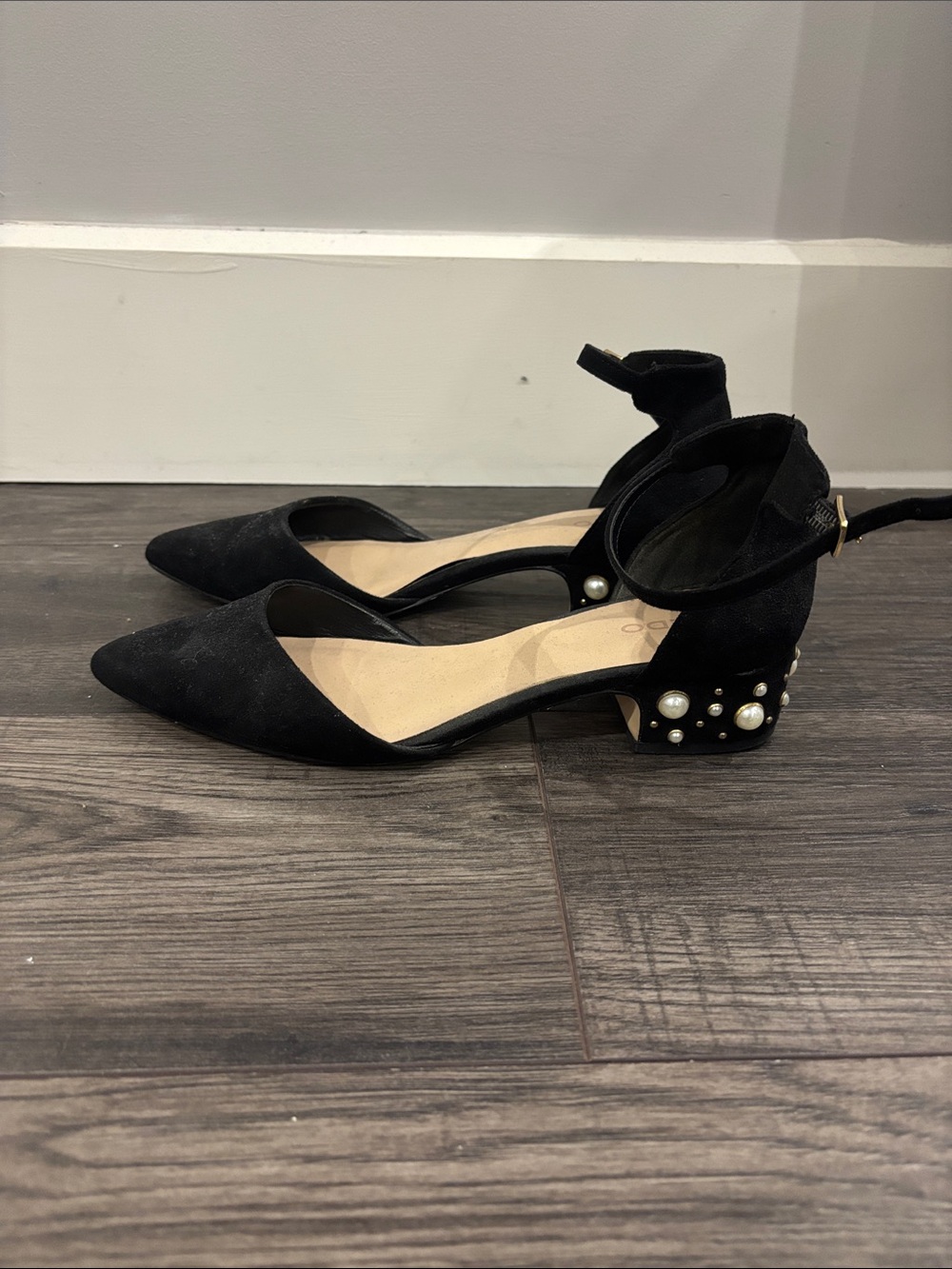 Aldo Black Suede Pearl Flats